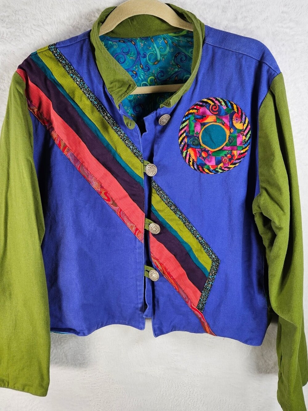 Genesis Designs Blazer Jacket Patchwork Colorblock Blue Green Women's Size XL